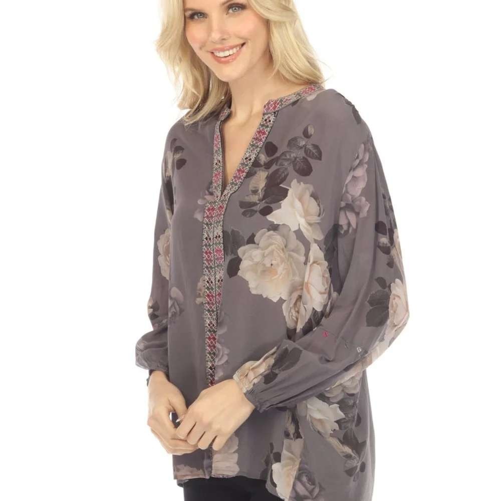 Johnny Was Workshop Paris Effortless Silk Blouse Floral Print Embroidery Medium